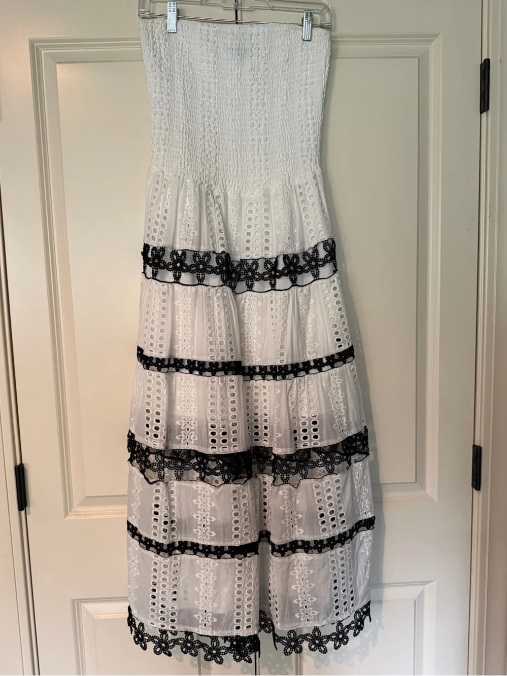 Strapless White Eyelet Maxi Dress with Black Lace Trim - Picture 1 of 3